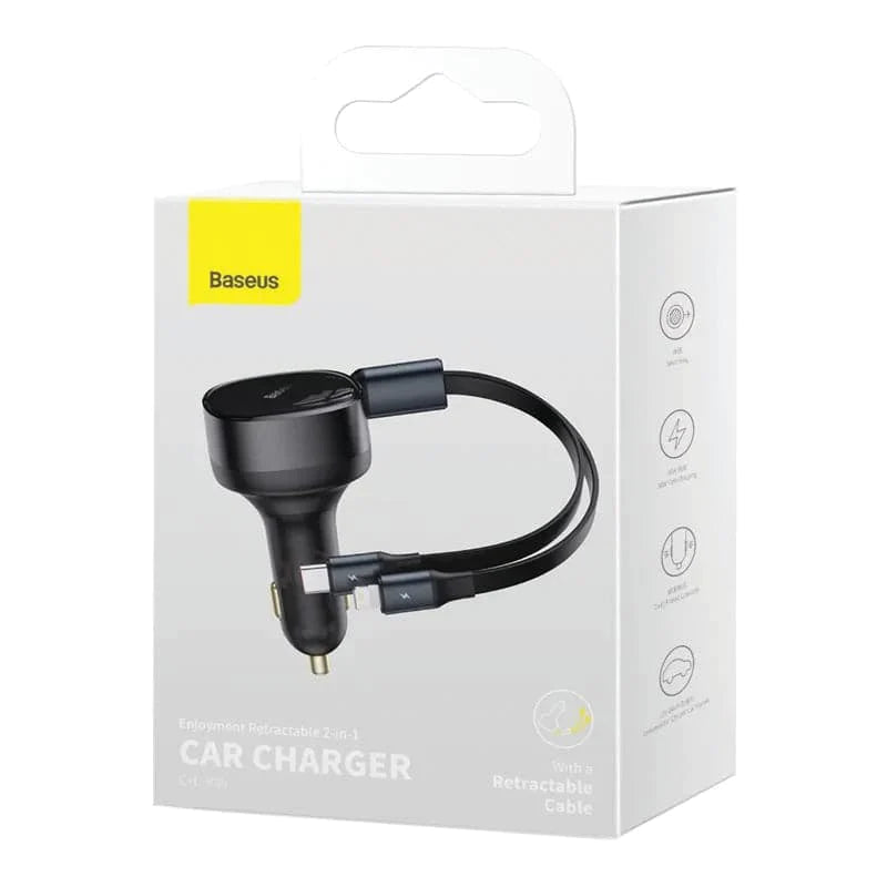 Baseus Enjoyment Retractable 2 in 1 Car Charger C+L 30w with Retractable Cable Black Baseus Enjoyment Retractable 2 in 1 Car Charger C+L 30w with Retractable Cable Black